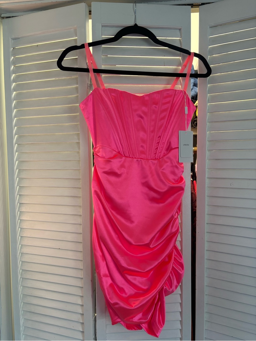 Amazon Hot Pink Satin Ruched Spaghetti-Strap Mini Dress